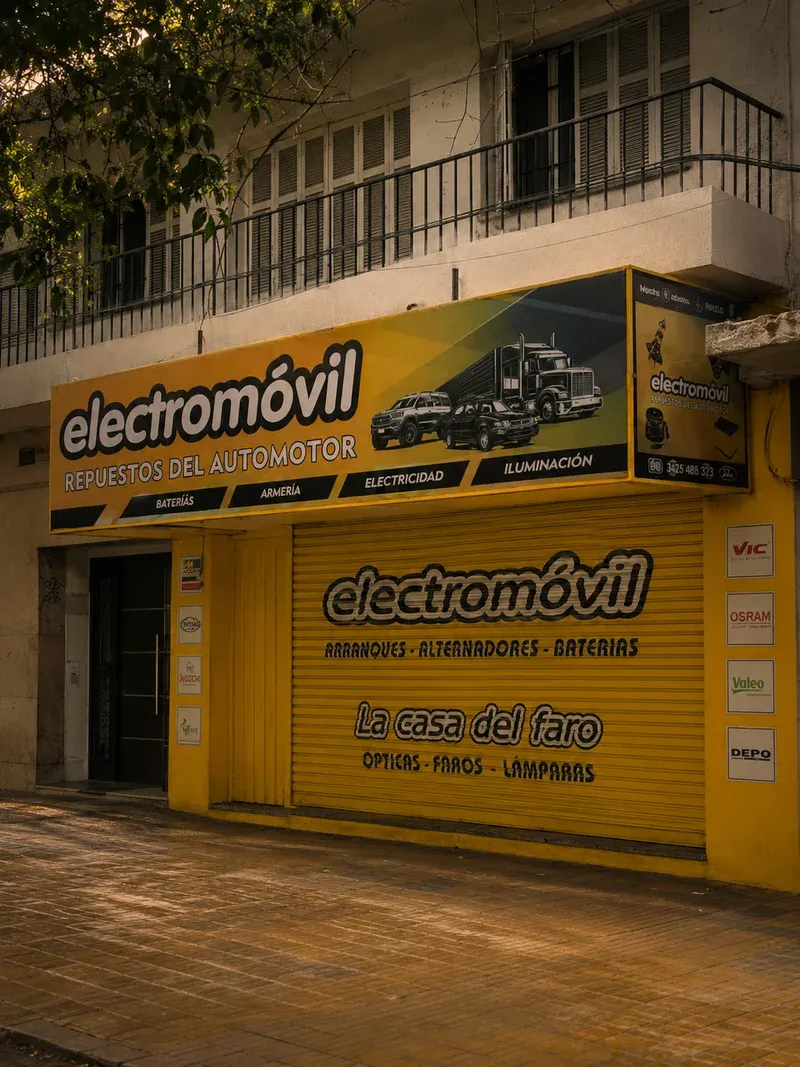 Frente del local en Av. Guillermo Rawson 158 Sur: cartel amarillo de Electromóvil